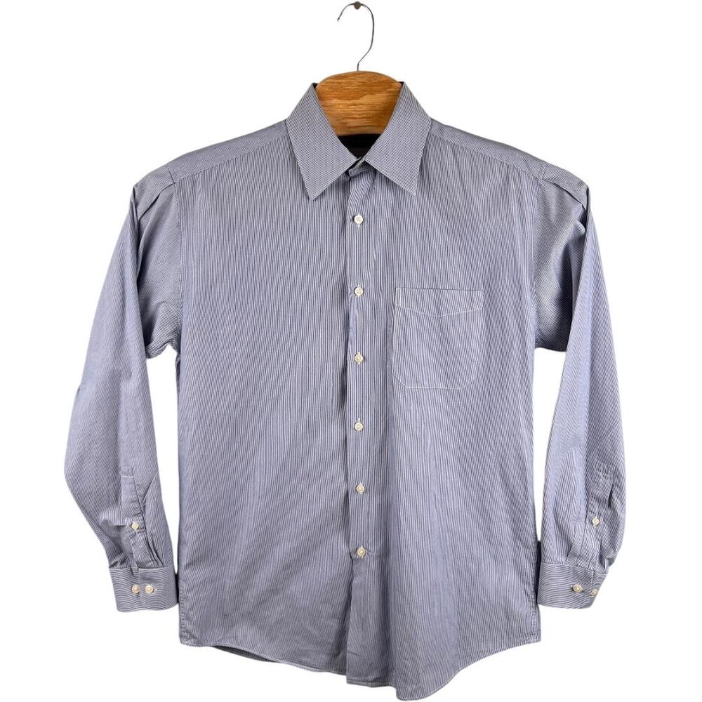Perry Ellis Portfolio 100% Cotton Striped Dress Shirt Mens Blue Size Medium 15.5